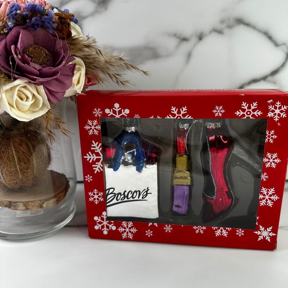 Boscovs Holiday Ornament Set Shopping Bag Lipstick High Heel‎ Red Black Glitter